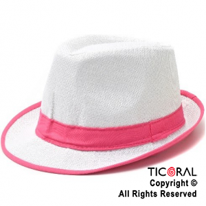 SOMBRERO PANAMA BLANCO CON CINTA FLUO FUCSIA TELA x 1